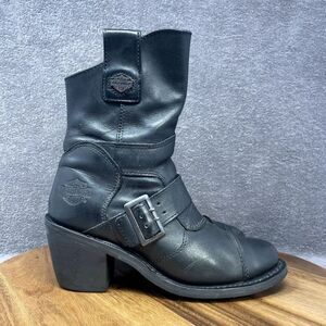 Harley Davidson Boulder Heel Women's 6.5 Black Leather Riding Boots Buckle Zip
